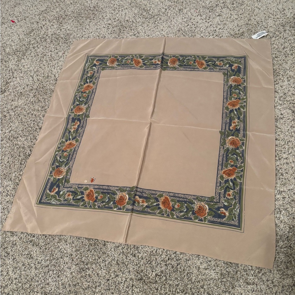 Ugna Floral Border Silk Scarf in Tan, Blue and Orange